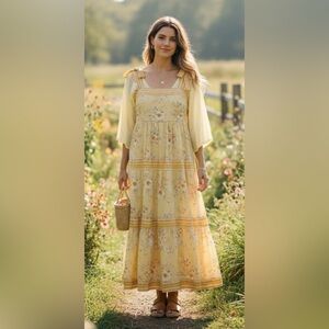 NWT boho floral Yellow Tie Shoulder Tier Midi Dress. Size M.